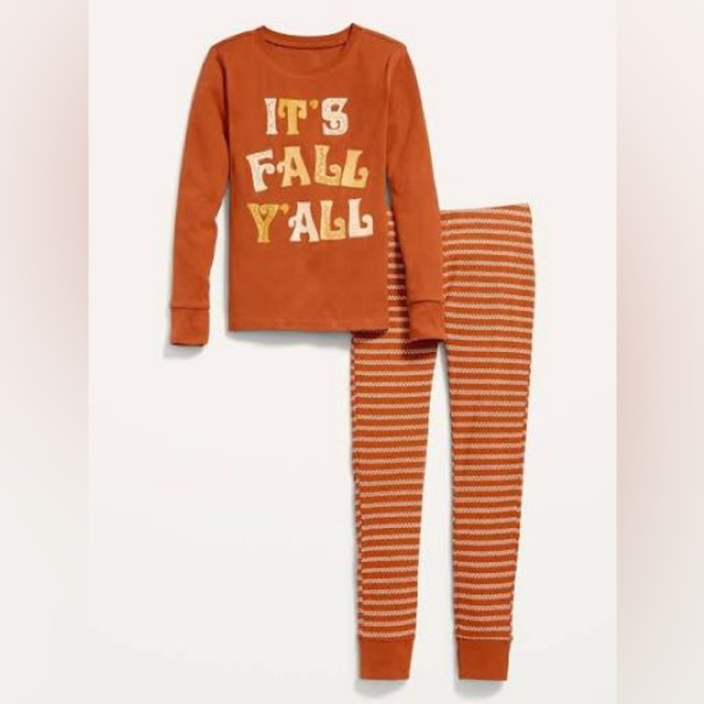 NWT It’s Fall Y’all Old Navy Orange Striped Kids Pajama Set New Large L 10 PJs